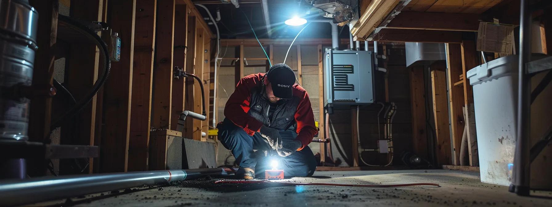 a meticulously organized basement inspection setup featuring a professional conducting thorough checks on foundation cracks and sump pump functionality, illuminated by bright overhead lights, emphasizing the importance of preventative maintenance for a dry and stable home environment.