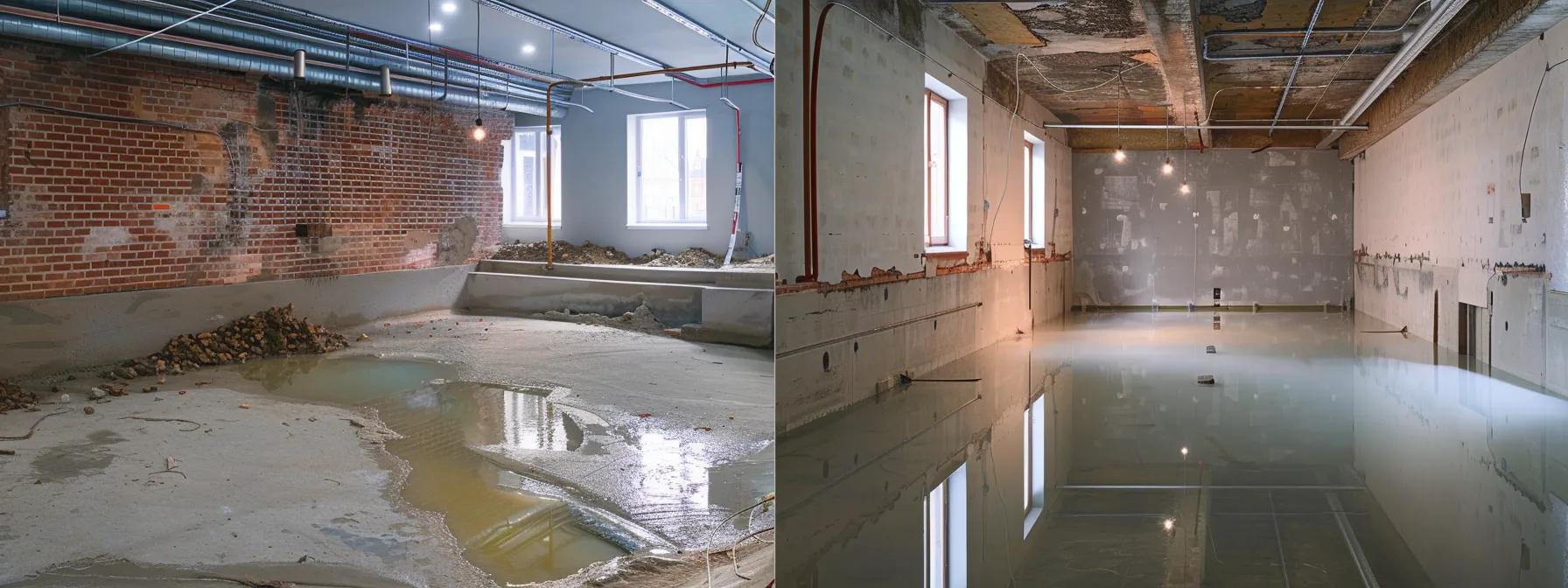 a modern, well-lit basement undergoing professional waterproofing treatment, showcasing innovative techniques such as exterior membrane installation and interior epoxy injections, highlighting the dramatic transformation from damp to dry, functional space.