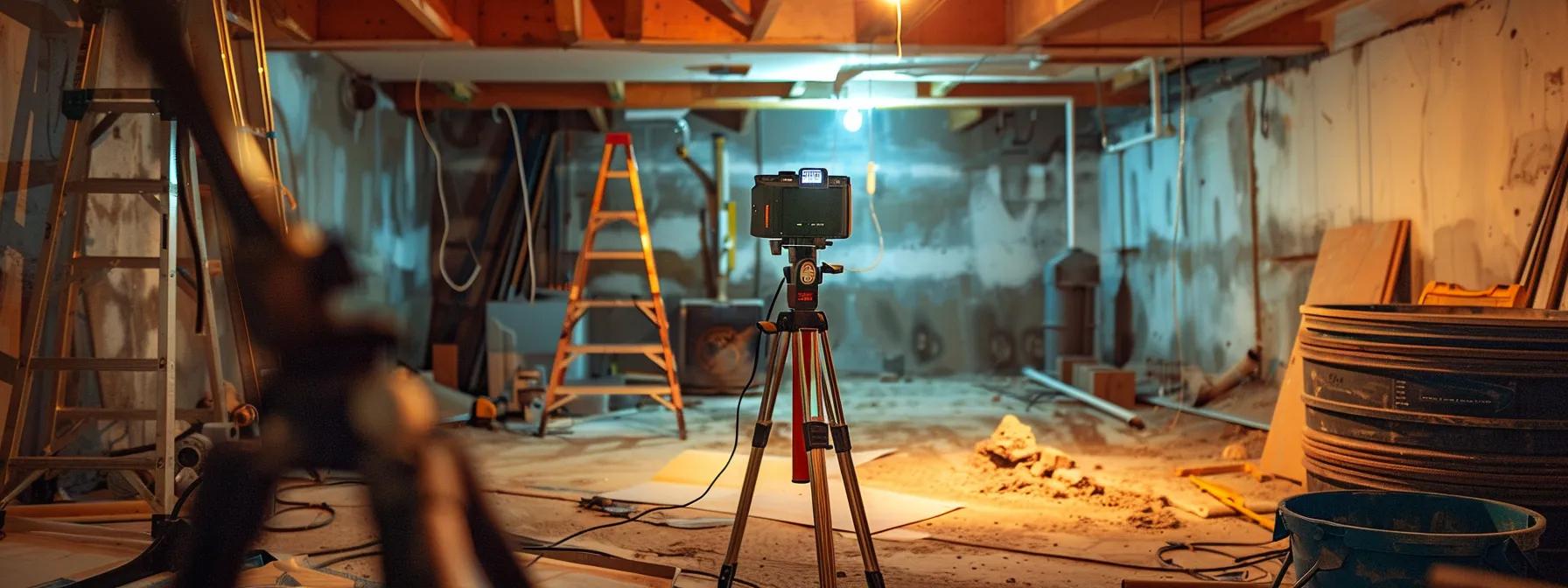 a professional-grade image capturing a clean, meticulously organized basement undergoing waterproofing treatment, showcasing advanced tools like infrared thermal imaging equipment and waterproofing membranes being applied to reinforce the foundation against water intrusion.