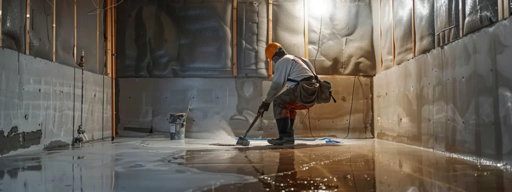 a professional contractor, equipped with safety gear, skillfully applies waterproofing membranes to exposed concrete walls in a well-lit residential basement, showcasing a clean workspace with a newly installed french drain and an awaiting sump pump in the corner.