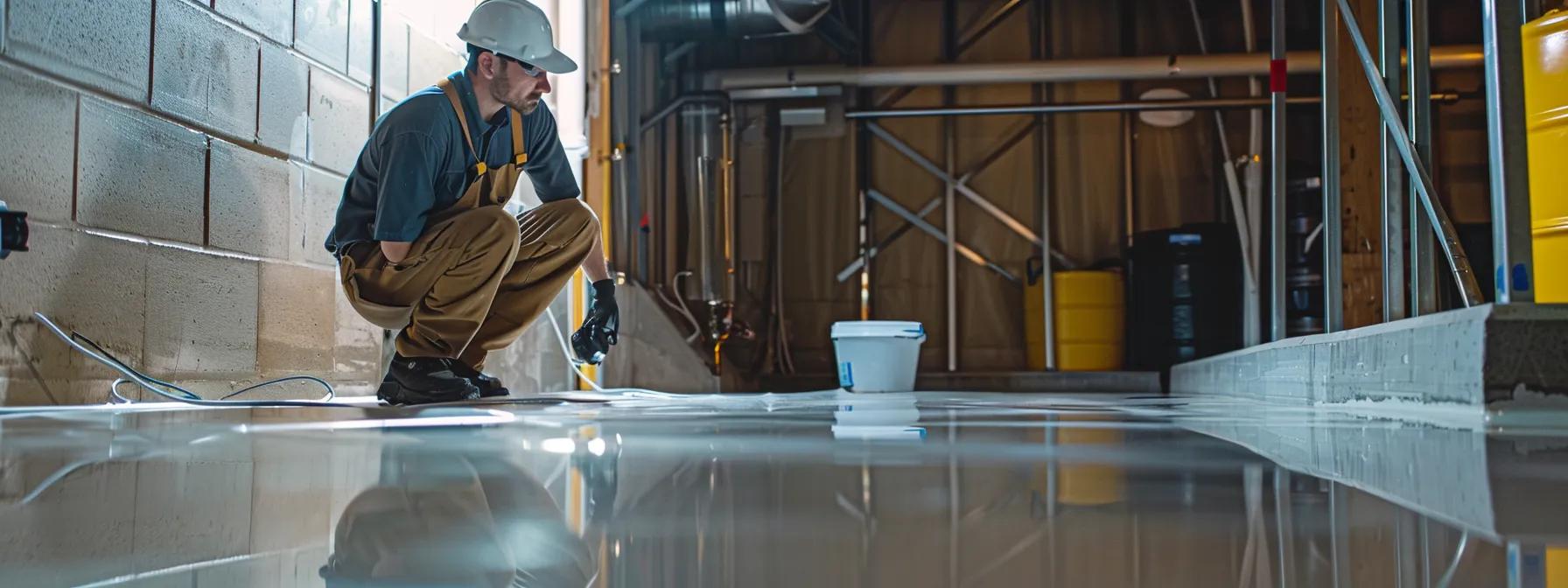 a skilled technician inspects a freshly waterproofed basement, showcasing advanced sealing materials and a corrosion-resistant sump pump in a clean, modern setting that emphasizes professionalism and attention to detail.