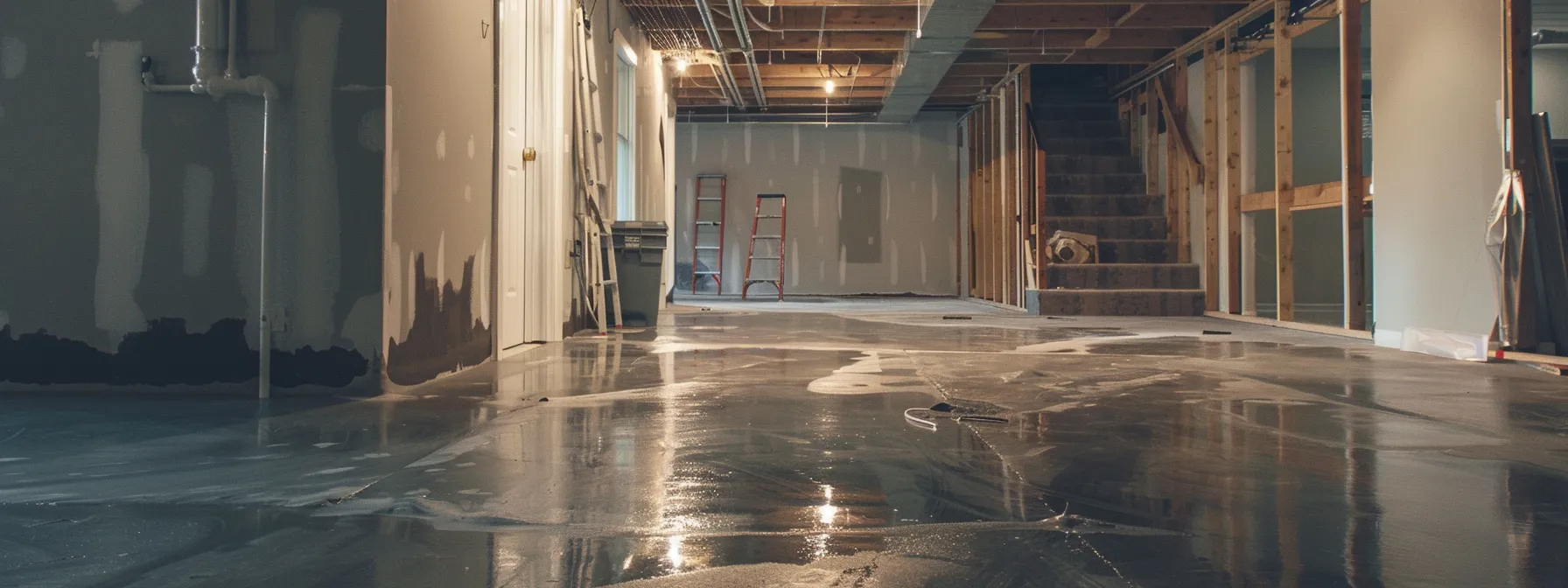 a well-lit residential basement showcases the professional waterproofing process, featuring exposed concrete walls and flooring, as contractors apply waterproofing membranes, seal cracks with hydraulic cement, and install a french drain alongside a ready-to-install sump pump, all within a clean and organized workspace.
