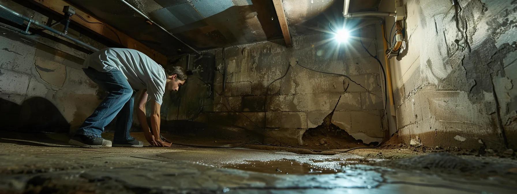 a well-lit basement inspection scene showcases a professional using advanced moisture detection equipment to assess damp walls and visible cracks, emphasizing the importance of early intervention for moisture intrusion and structural stability in lansing homes.