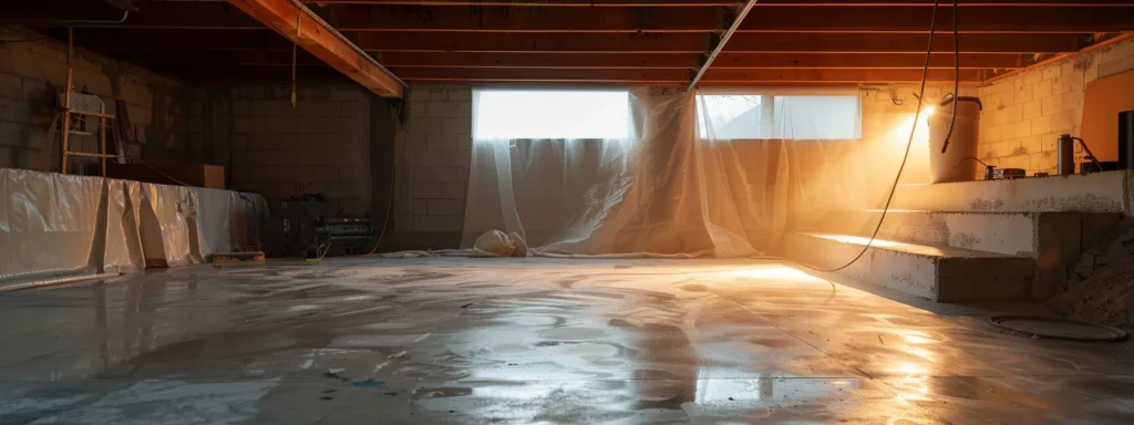 a well-lit basement showcases a local waterproofing contractor applying membranes to exposed concrete walls while installing a french drain, with a sump pump ready for placement, emphasizing professionalism and quality in home protection.