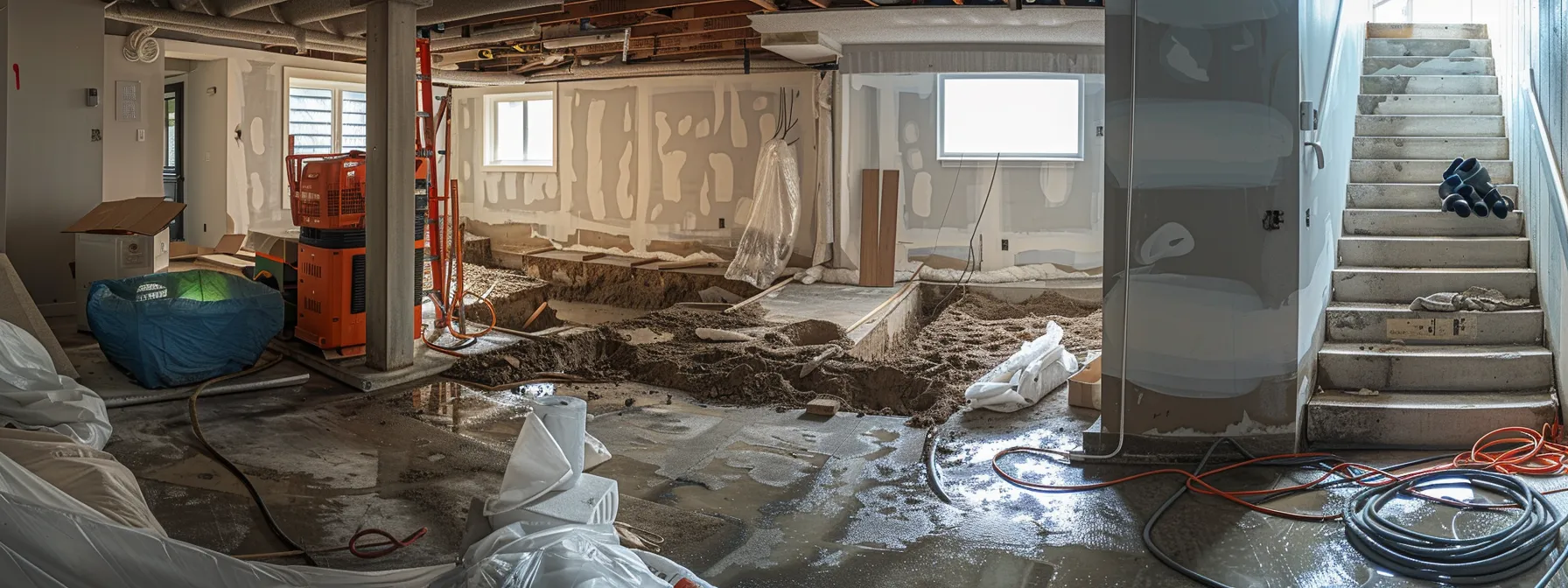 a well-lit residential basement showcases a professional contractor applying waterproofing membranes to exposed concrete walls, with a french drain installation underway and a sump pump ready for placement, emphasizing efficient local solutions in home renovation.