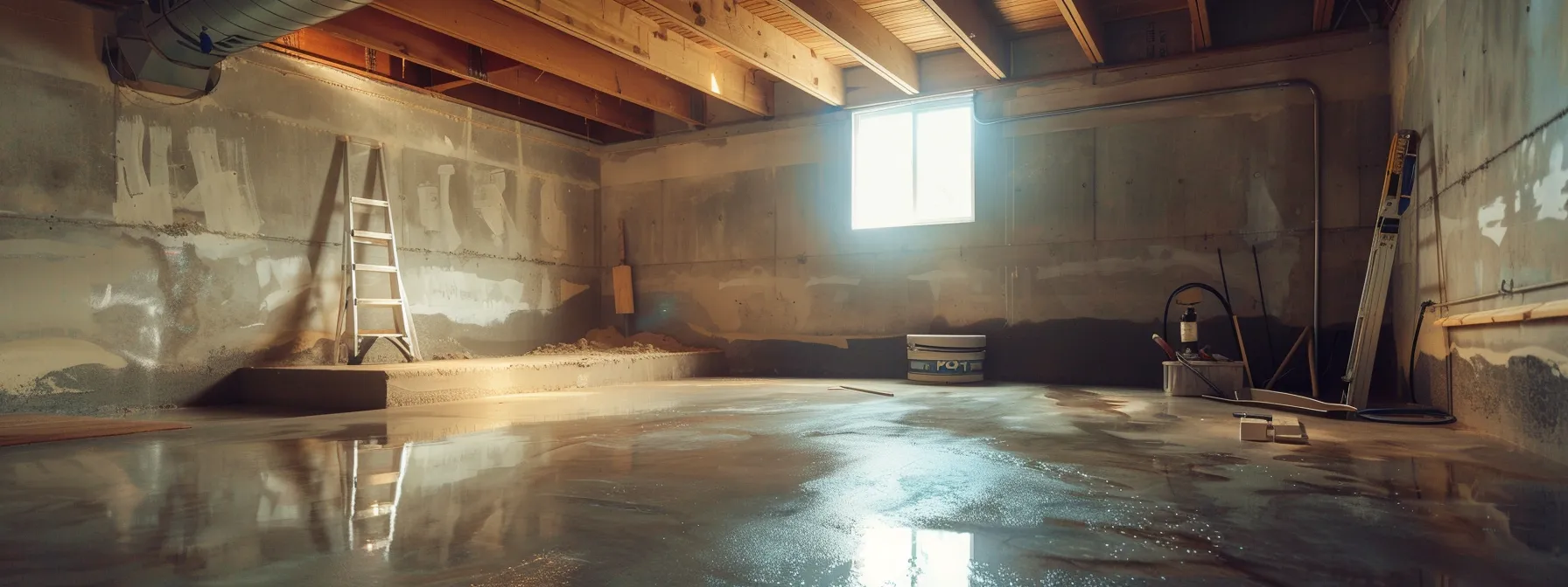a well-lit, clean basement showcases the waterproofing process, featuring exposed concrete walls, newly applied waterproofing membranes, and contractors expertly sealing cracks while installing a french drain and sump pump in a professional atmosphere.