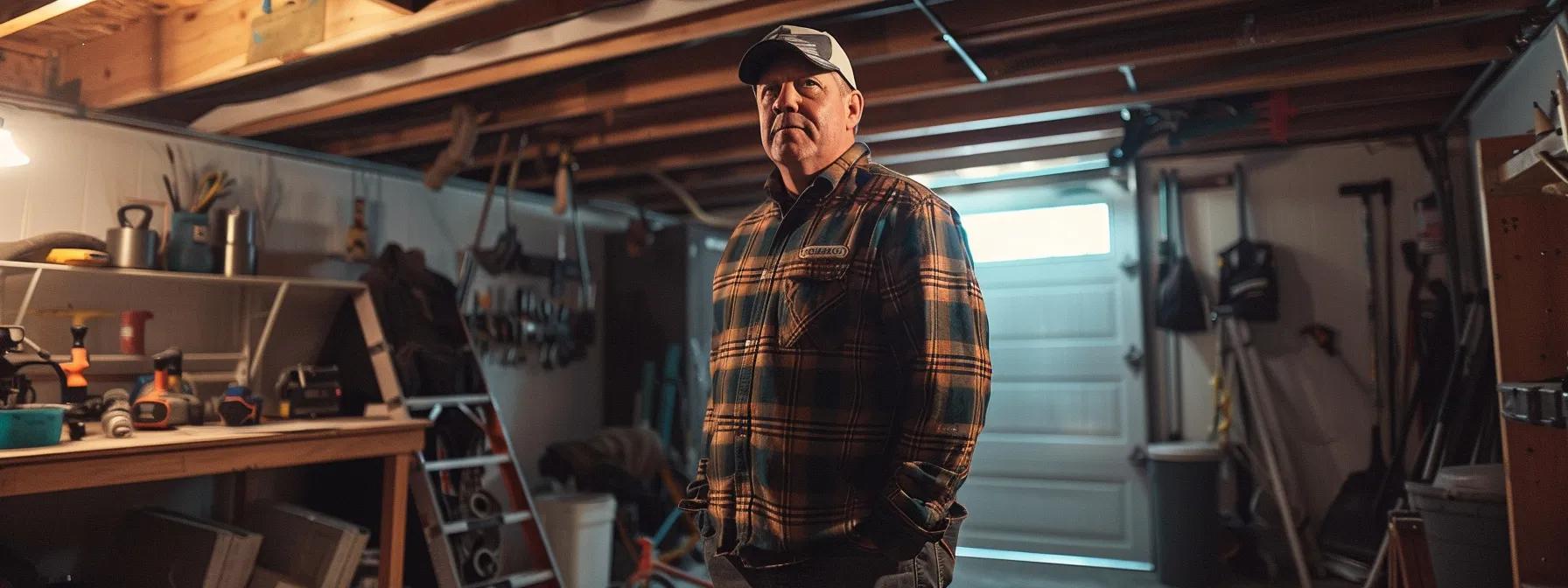 a confident local contractor stands in a well-lit, meticulously organized basement, showcasing tools and materials, symbolizing expertise in basement repair and a commitment to the lansing community.