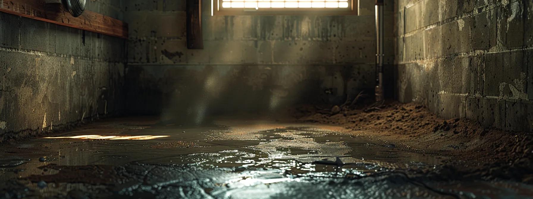 a detailed interior view of a dimly lit basement, emphasizing moisture intrusion with visible cracks in the concrete walls, subtle water pooling near the foundation, and a backdrop of poorly graded soil visible through an open window, highlighting the urgent need for waterproofing solutions.