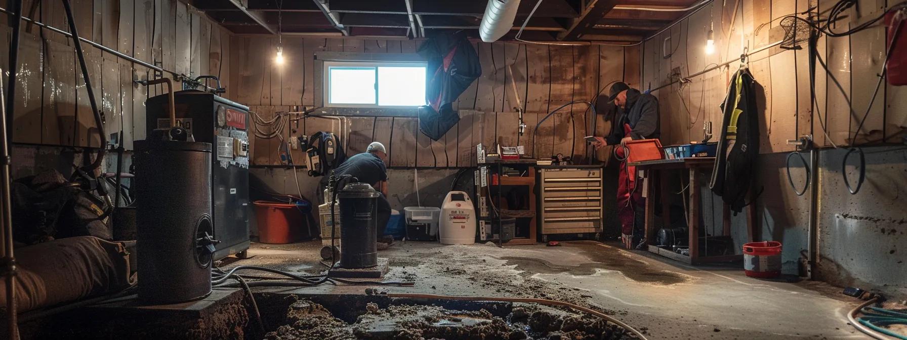 a dimly lit, modern basement repair workshop in lansing, showcasing skilled technicians assessing foundation cracks with high-tech equipment, while a sump pump system and french drain installation are prominently featured in the background.