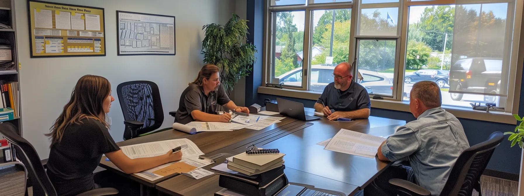 a modern, well-lit office environment showcases a diverse team of professionals engaged in a detailed discussion around a large table, analyzing comprehensive quotes and cost comparisons for basement repair services, with blueprints and quality material samples prominently displayed.