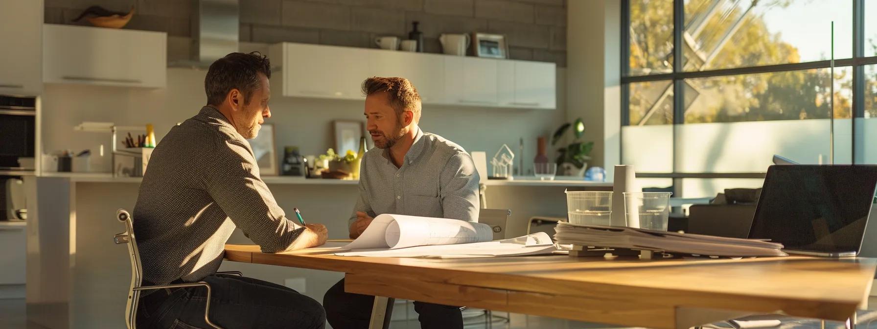a modern, well-lit office space features a focused contractor discussing basement repair plans with a homeowner, showcasing blueprints and advanced repair materials on the sleek conference table, reflecting professionalism and trust in their expertise.