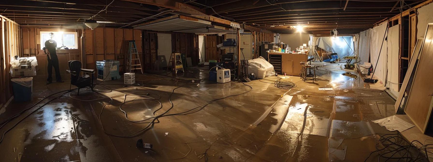 a polished, well-lit basement repair scene shows a professional team meticulously inspecting structural damage with advanced tools and equipment, emphasizing precision and collaboration in a clean, organized indoor environment.