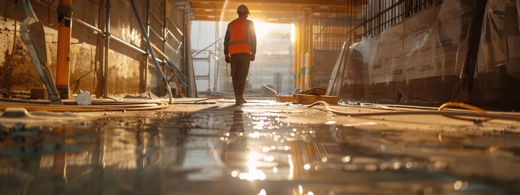 a skilled technician conducts a meticulous final inspection of a freshly waterproofed foundation in a modern construction site, utilizing mechanical compaction tools and laying protective drainage fabric, all under bright, focused led lighting that highlights the intricate details of the process.