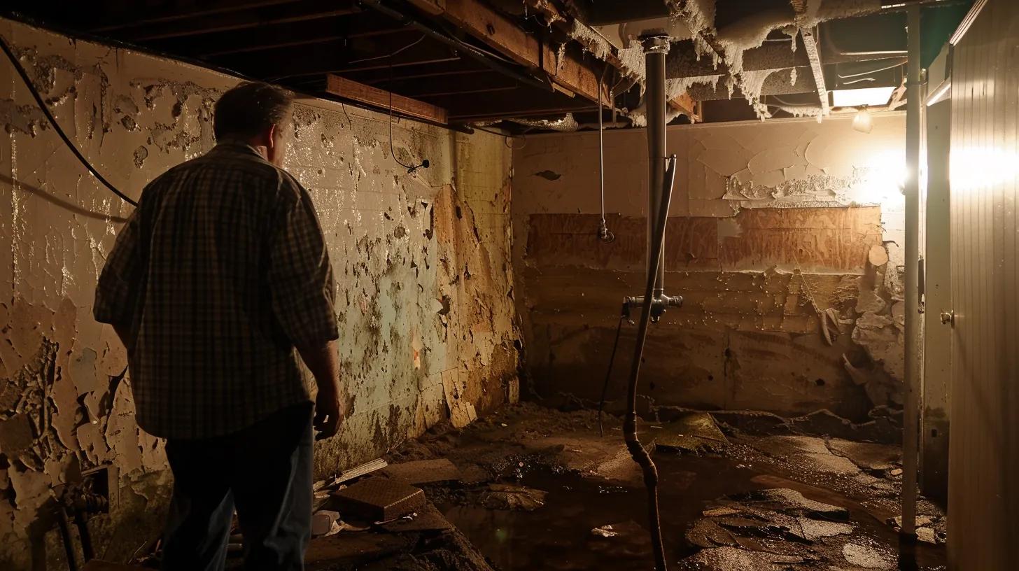 a dimly lit basement showcases visible signs of water damage, with damp walls and peeling paint, and a vigilant homeowner inspecting the area with a flashlight, emphasizing the importance of early detection and proactive measures.