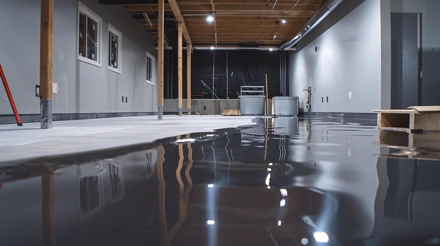 a sleek, modern basement waterproofing installation in a well-lit urban setting, showcasing advanced technology and materials designed for optimal water retention and drainage in response to lansing's unique soil and climate conditions.