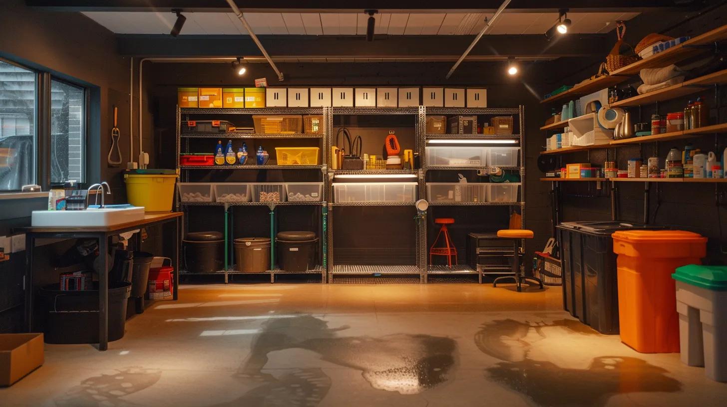 a well-lit, organized basement showcasing a modern waterproofing system with clear labels on essential maintenance tools and techniques highlighted in sleek, professional display.