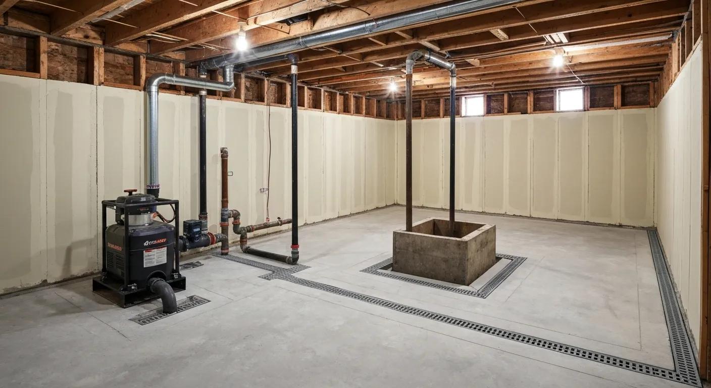 Interior basement waterproofing services including sump pump and drain tile installation
