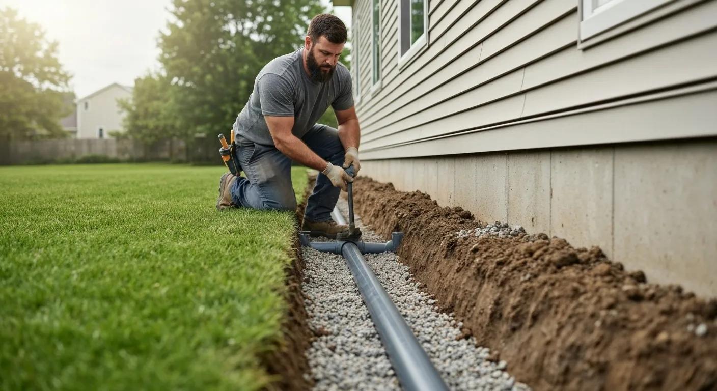 Contractor installing a French drain for exterior basement waterproofing