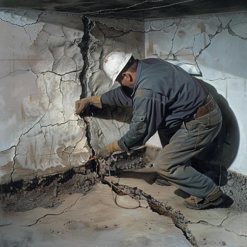 Foundation crack repair techniques being applied, featuring tools and materials used in professional repairs