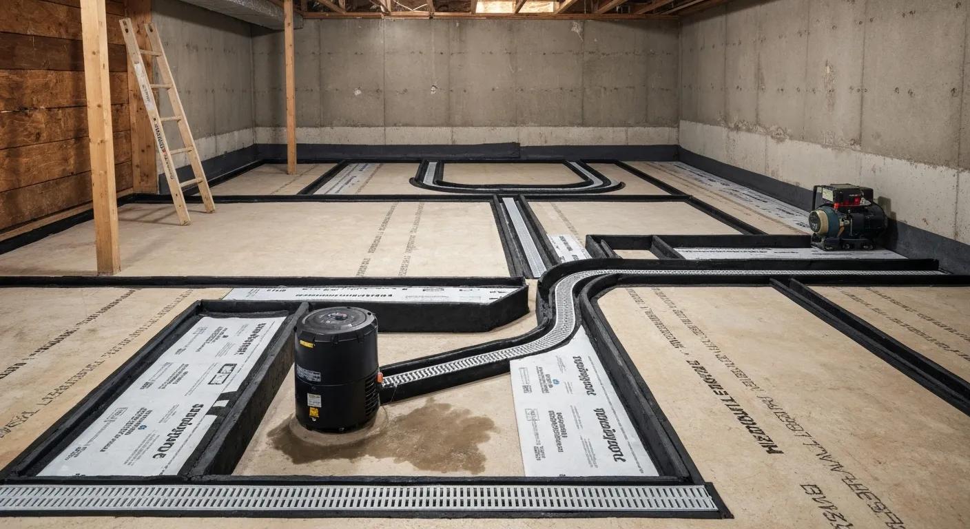 Installation of interior basement waterproofing systems with drainage channels and sump pump