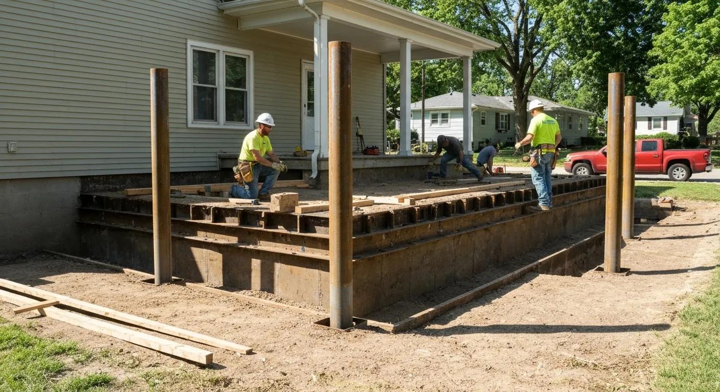 A Lansing home's foundation undergoing repair, with support piers being expertly installed.