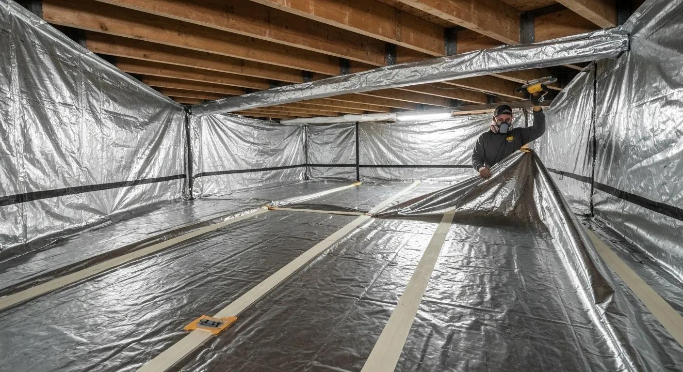 Crawl space encapsulation process with vapor barrier installation to reduce humidity