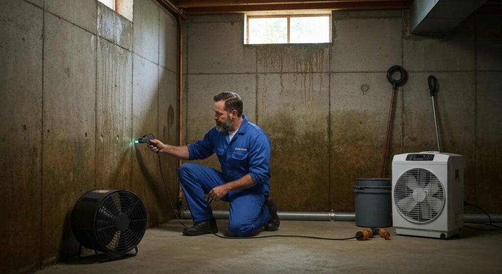 Professional inspecting a basement for moisture issues, highlighting basement waterproofing solutions