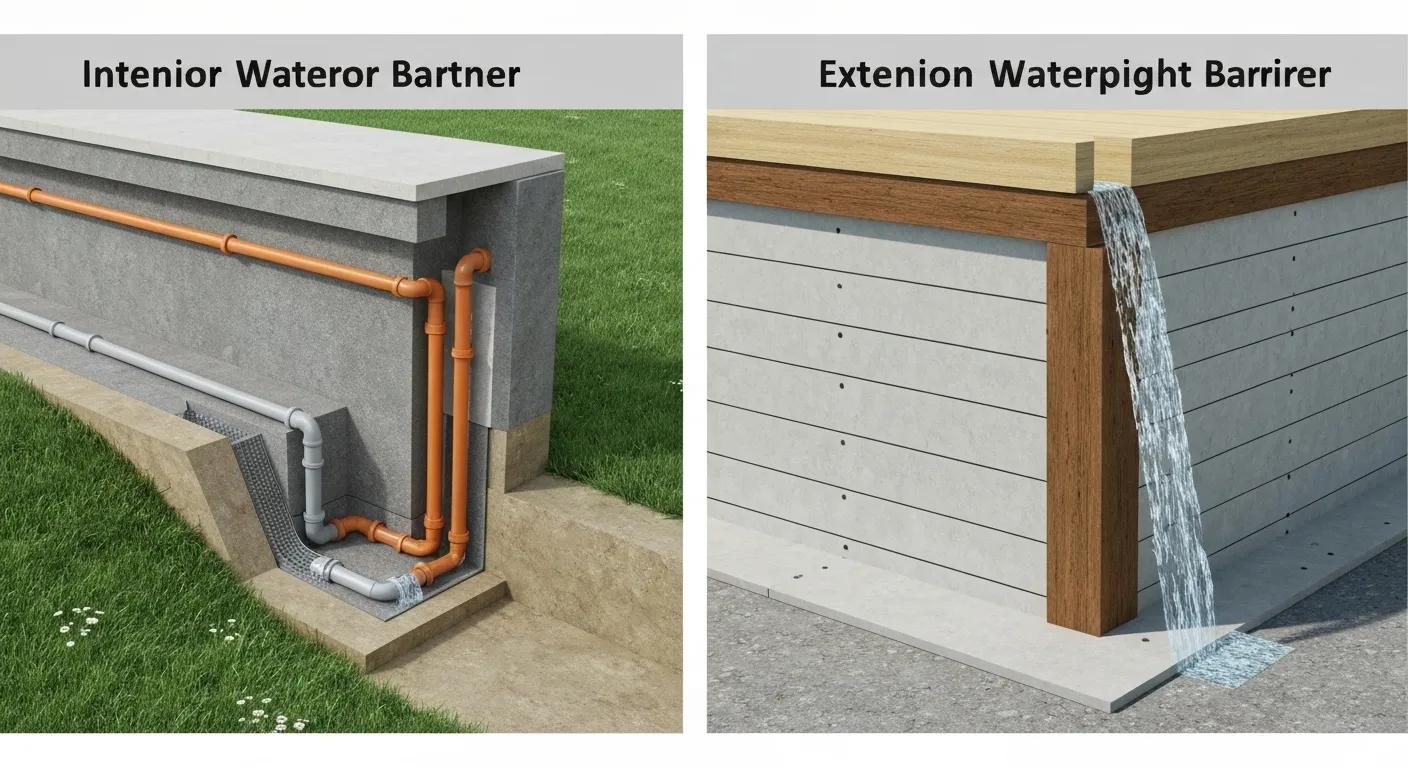 A visual comparison showing an interior drainage system alongside an exterior waterproof barrier for basement waterproofing.